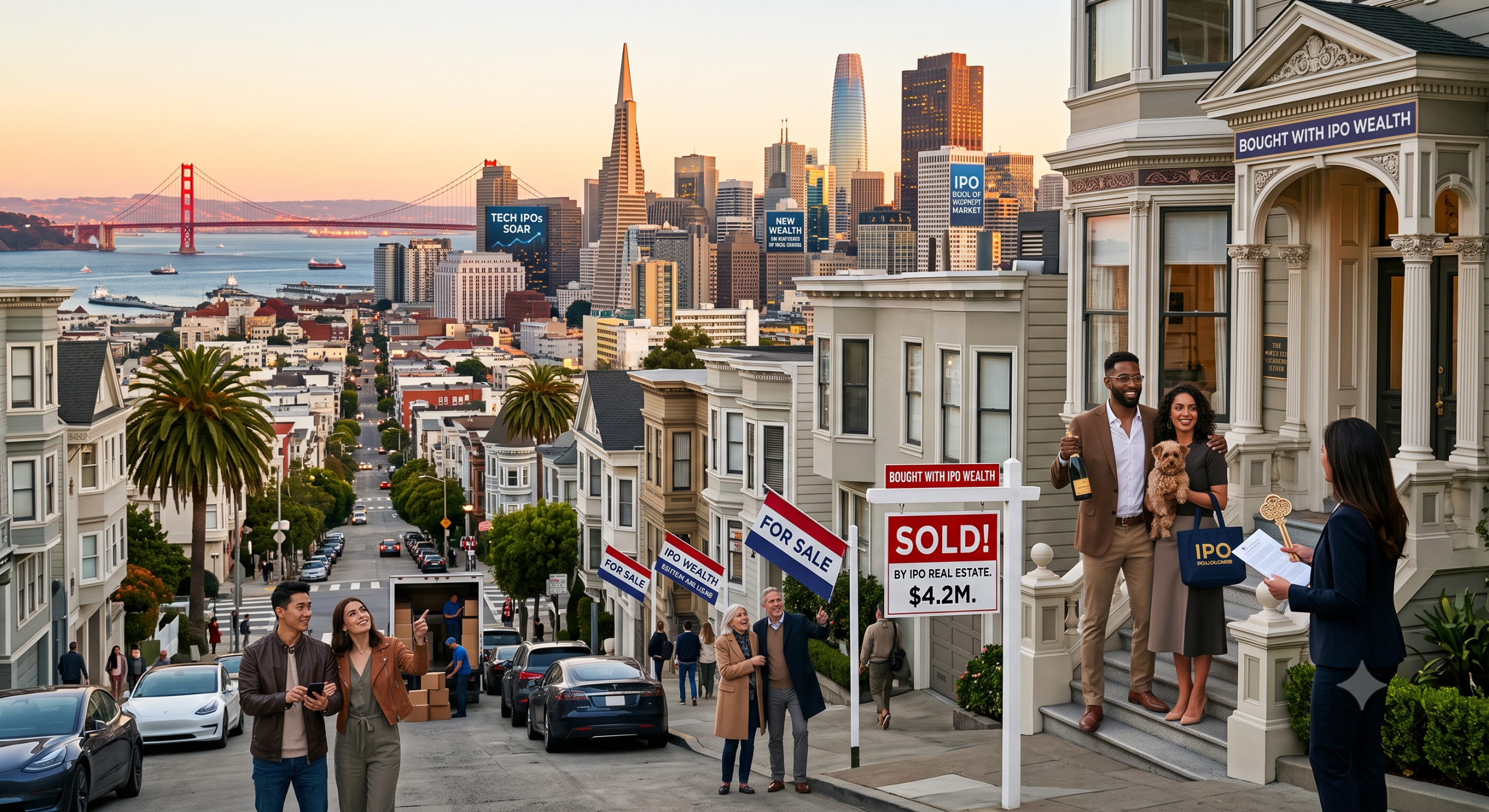 San Francisco Victorian homes with 'Sold' signs reflecting the IPO wave driving record real estate prices, with the Golden Gate Bridge and city skyline in the background