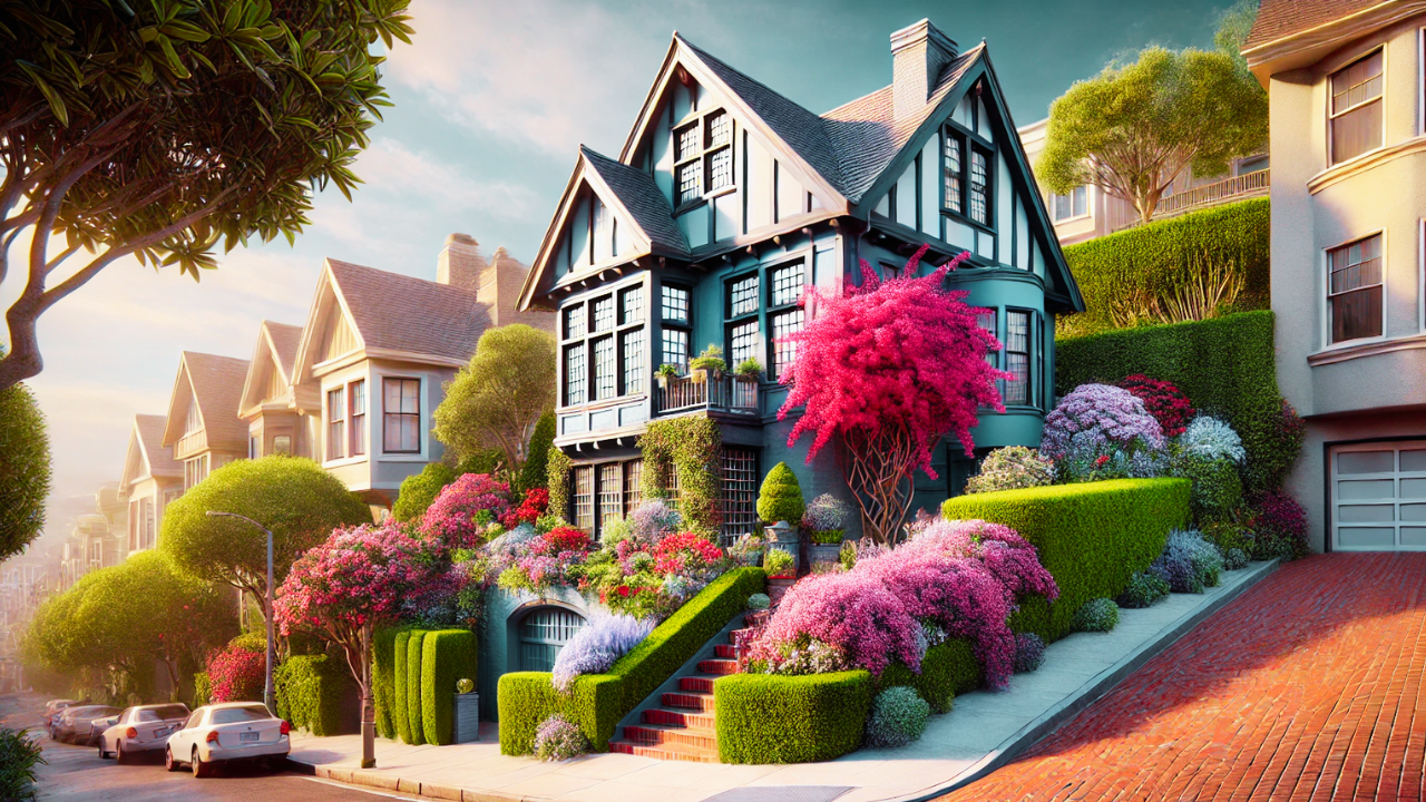 A photorealistic image of a charming blue Victorian-style house covered in vibrant pink bougainvillea vines, situated on a brick-paved street in San Francisco. The scene features lush gardens with blooming flowers, well-manicured hedges.